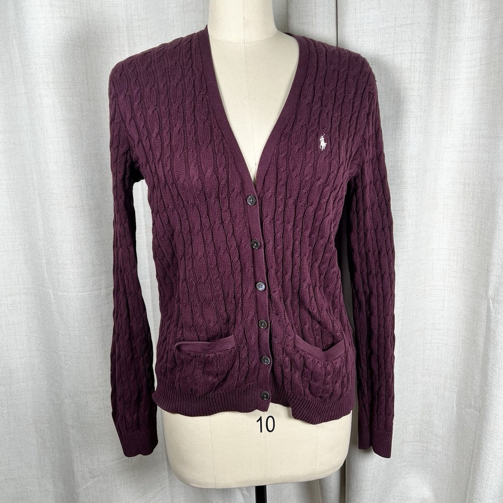 Vintage Y2K Ralph Lauren Sport Womens Cable Knit Burgundy Cardigan Sweater XL